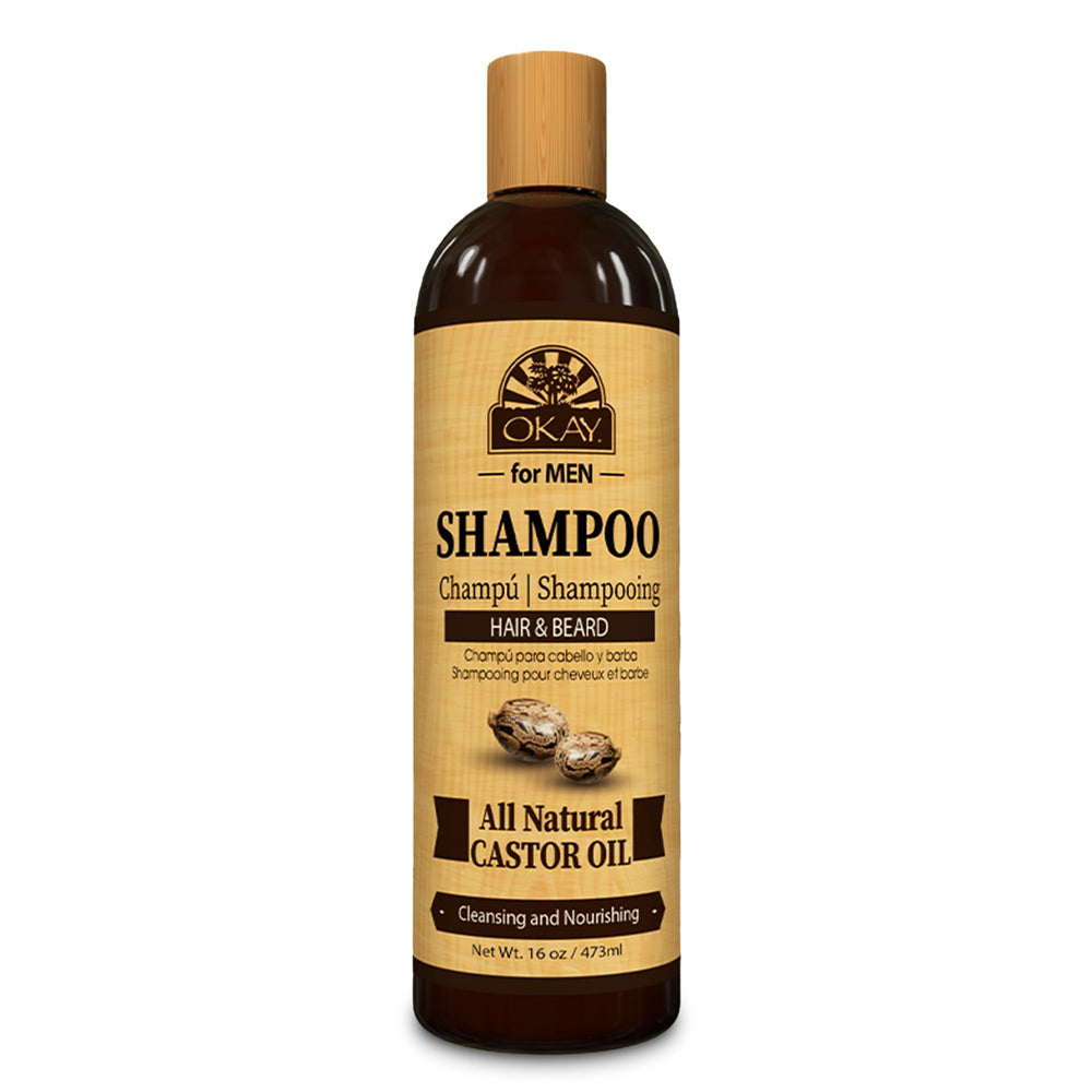 OKAY for MEN Castor Oil Hair & Beard Shampoo bottle shown for daily cleansing and hydration