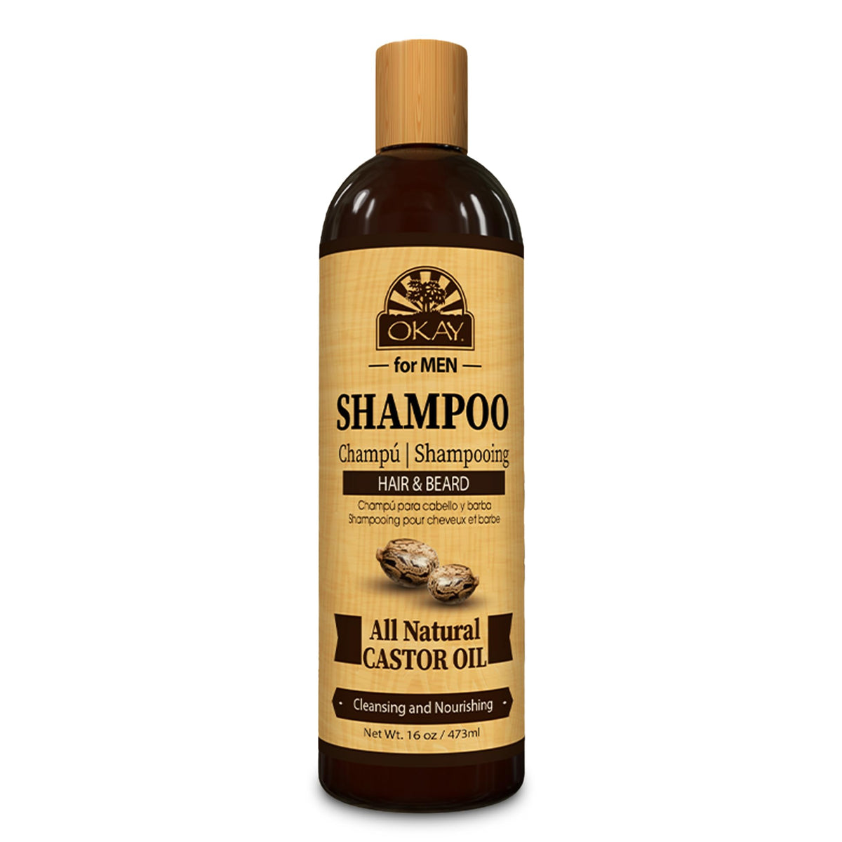 OKAY for MEN Castor Oil Hair & Beard Shampoo bottle shown for daily cleansing and hydration
