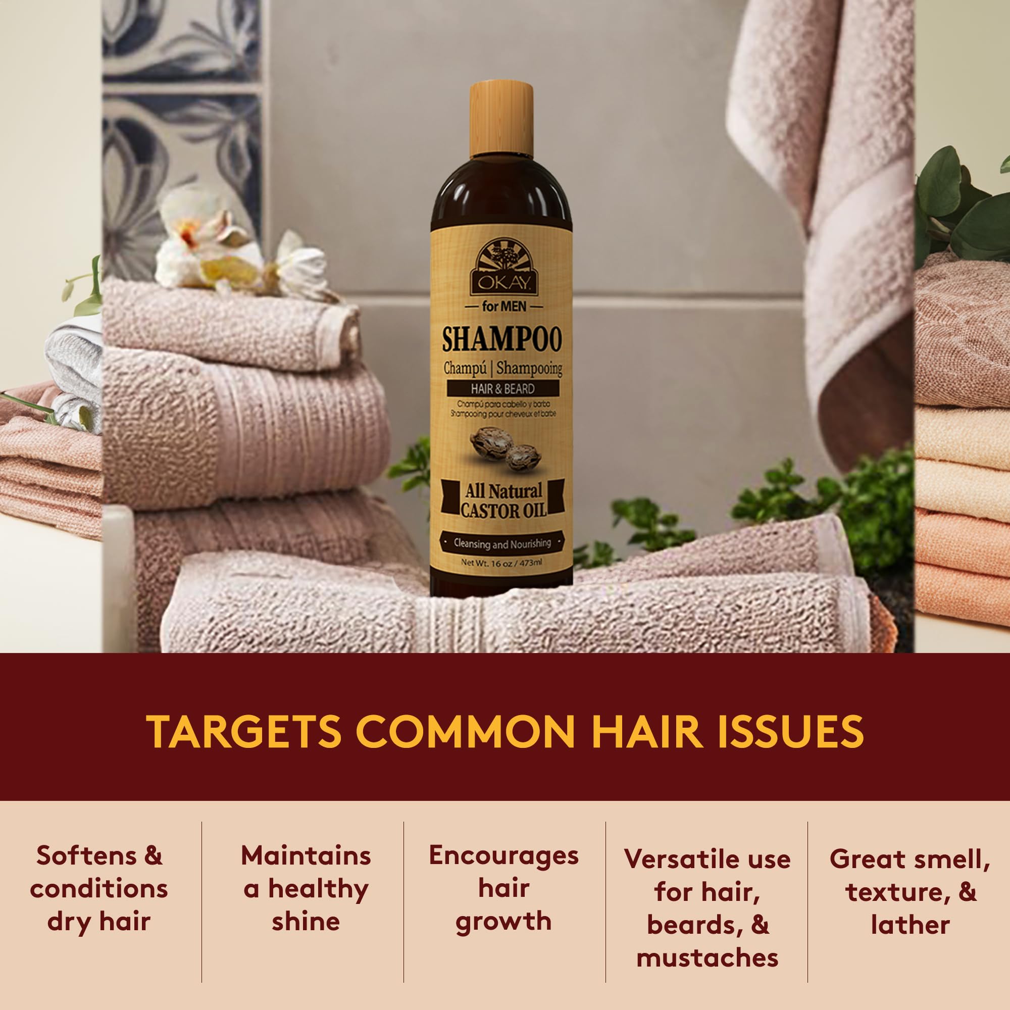 OKAY for MEN shampoo on display suggesting an easy daily grooming routine