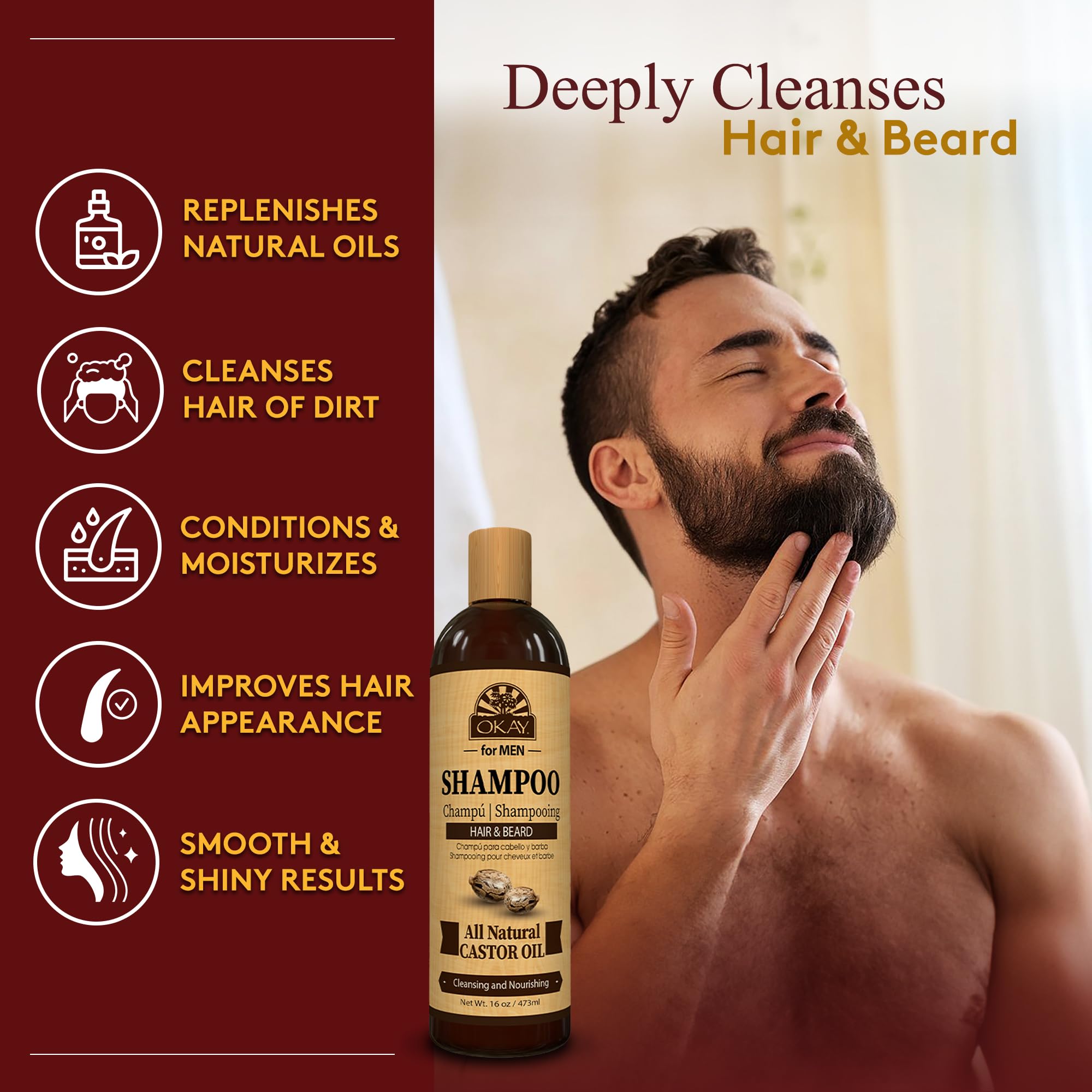 OKAY for MEN Castor Oil Shampoo creating rich lather for thorough scalp cleansing