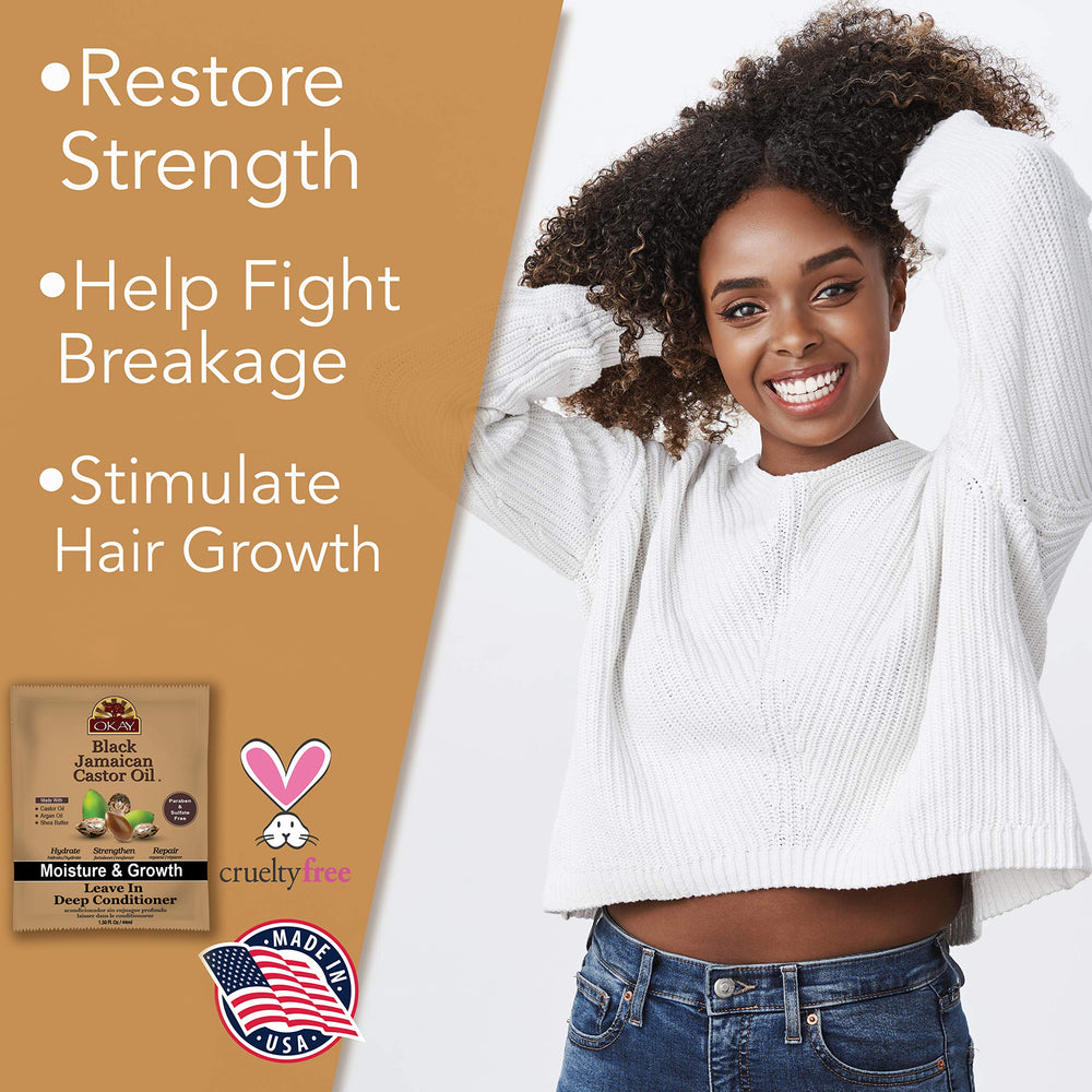 OKAY Jamaican Black Castor Oil, Shea Butter, Argan Oil ingredients close-up.
