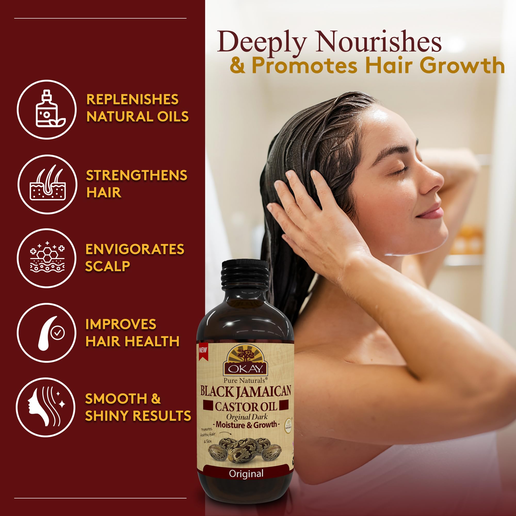 Okay Pure Naturals Castor Oil supports hair growth and scalp conditioning.