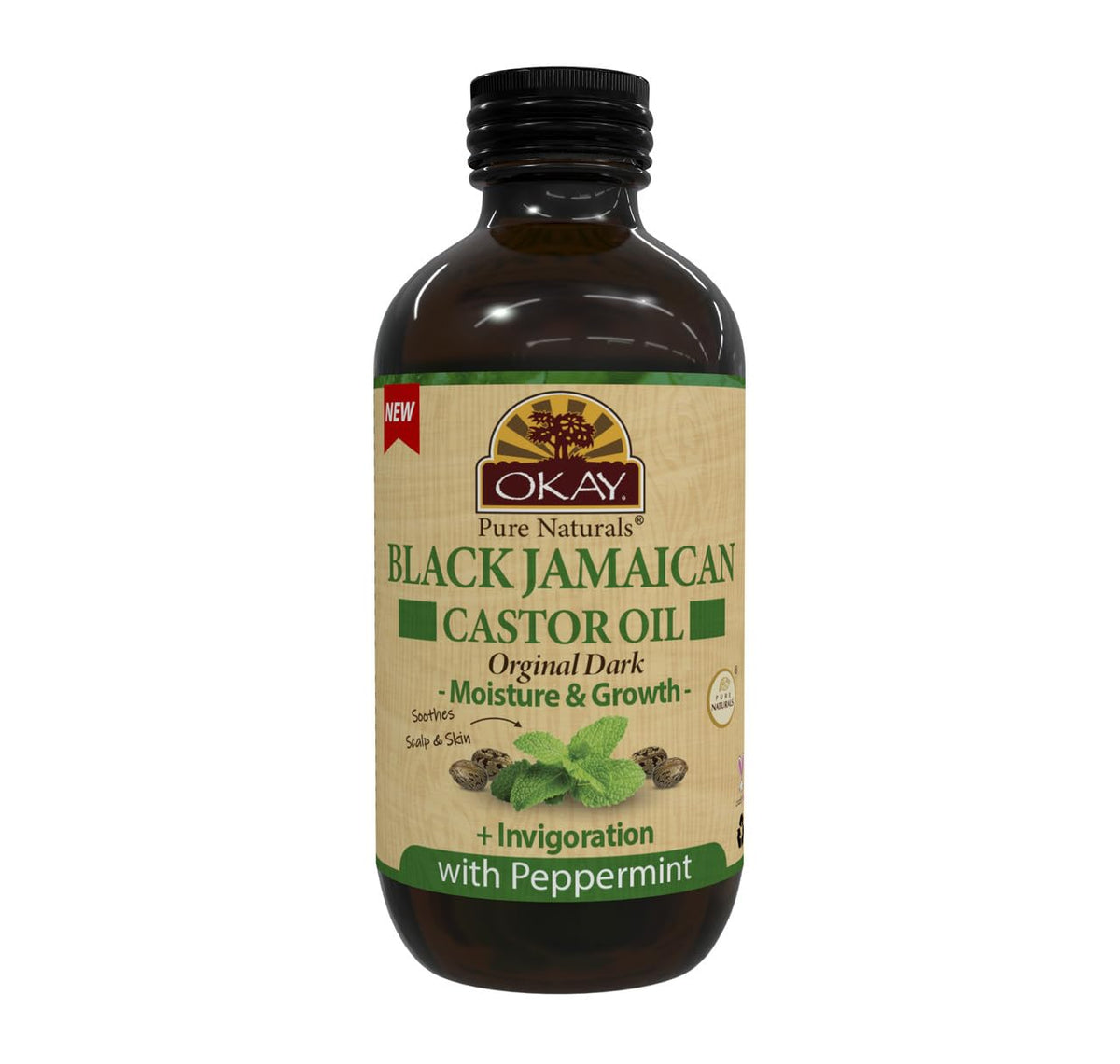 Okay Pure Naturals castor oil bottle for hair care and peppermint aroma