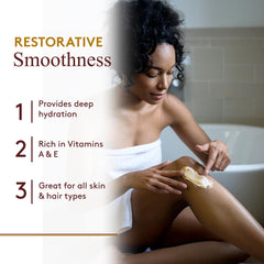 OKAY Shea Butter texture closeup reveals creamy melt-on-skin feel for skin and hair.
