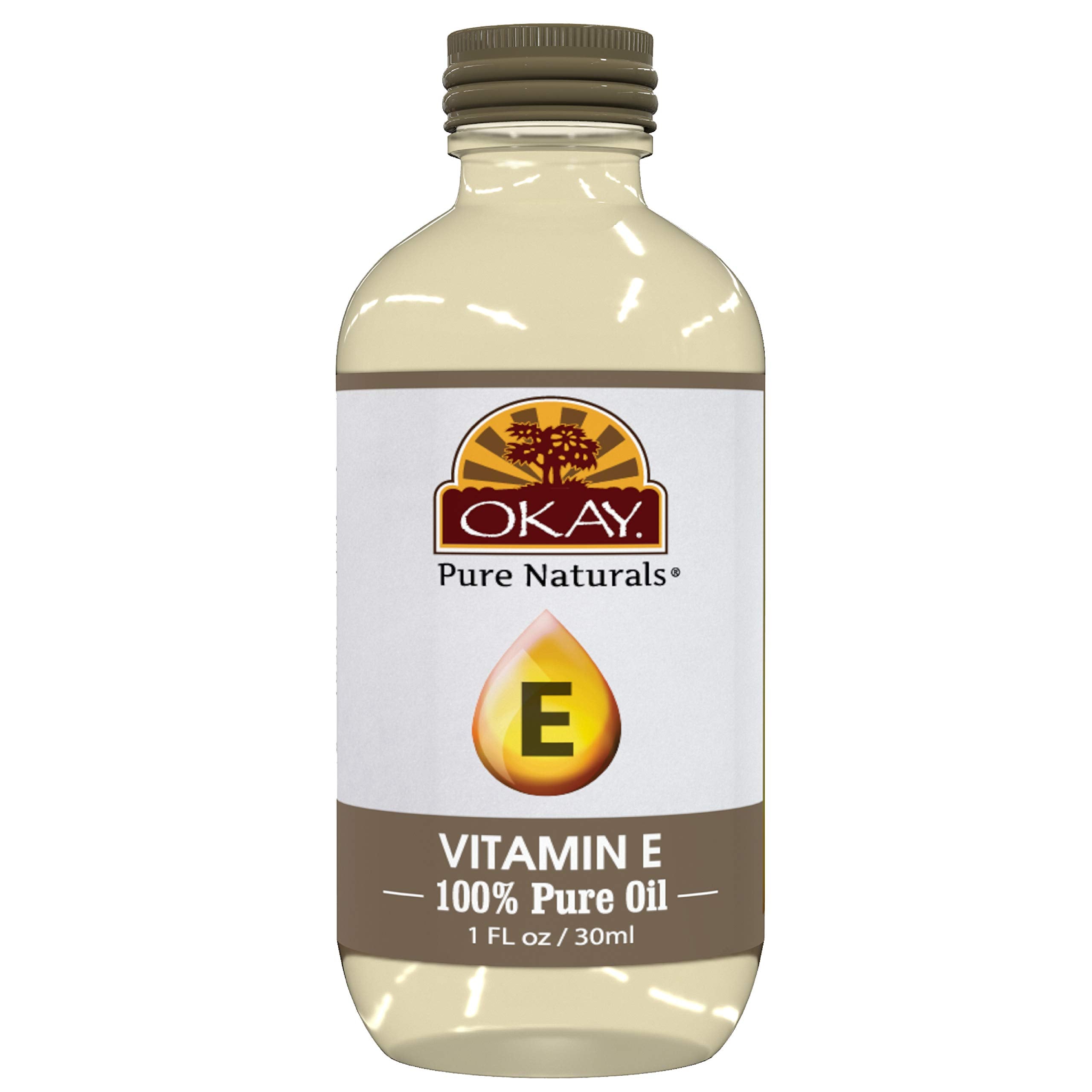 OKAY Vitamin E Oil bottle showing versatile skin and hair care benefits.