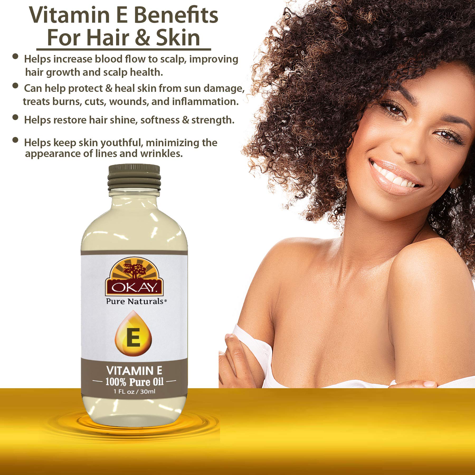 OKAY Vitamin E Oil on hair adds nourishment and a healthy shine.