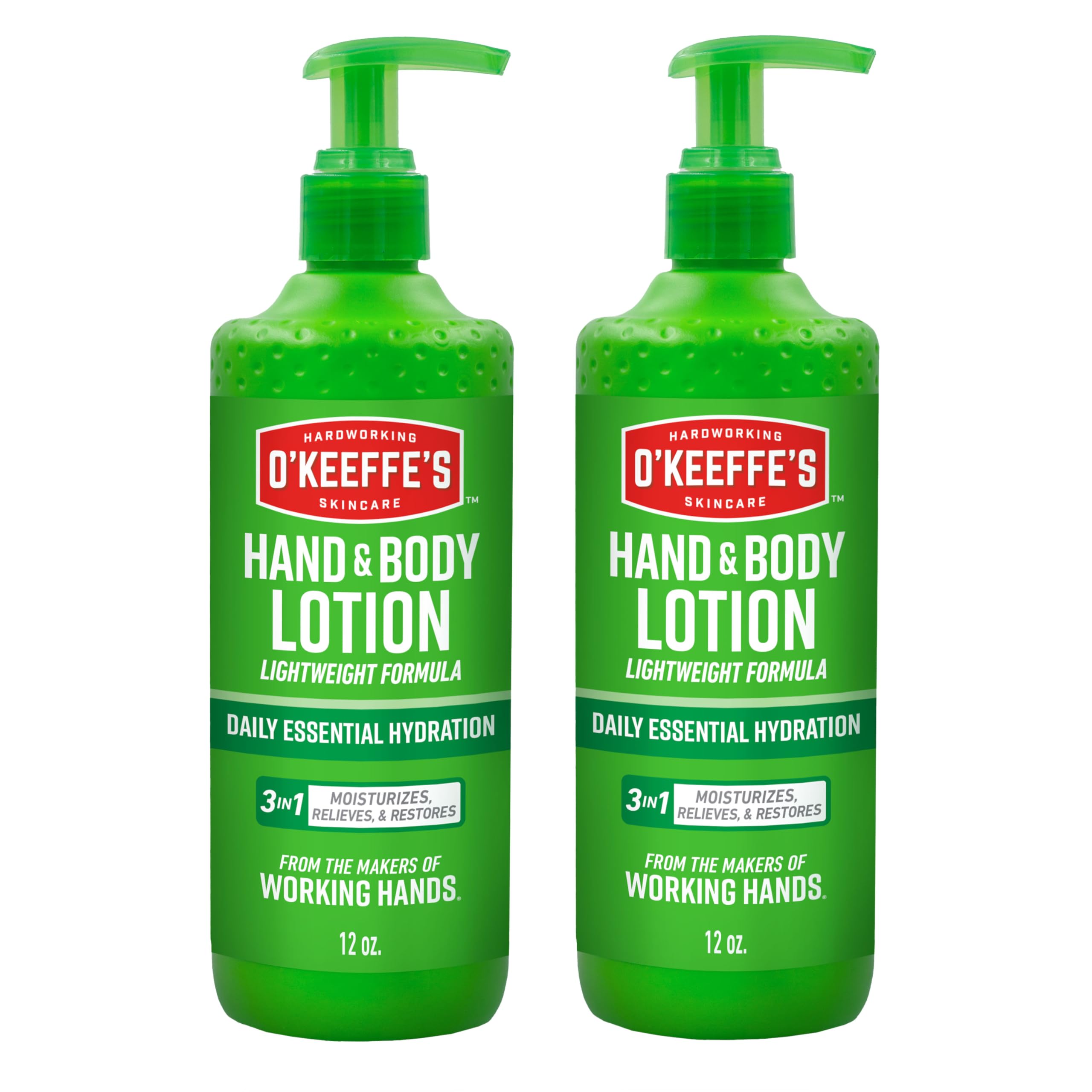 O'Keeffe's Hand and Body Lotion bottle demonstrates daily hydration for dry skin.