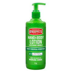 O'Keeffe's hand and body lotion pump bottle provides daily hydration for dry skin.