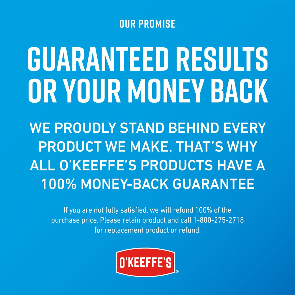 Money-back guarantee badge with O'Keeffe's Healthy Feet packaging.