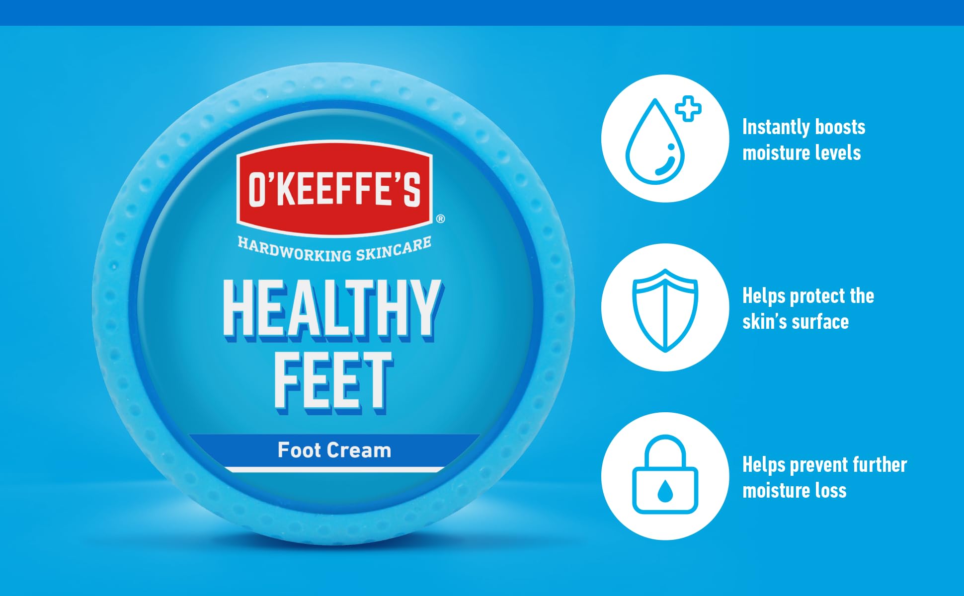Packaging display of O'Keeffe's Healthy Feet, gentle daily foot care.