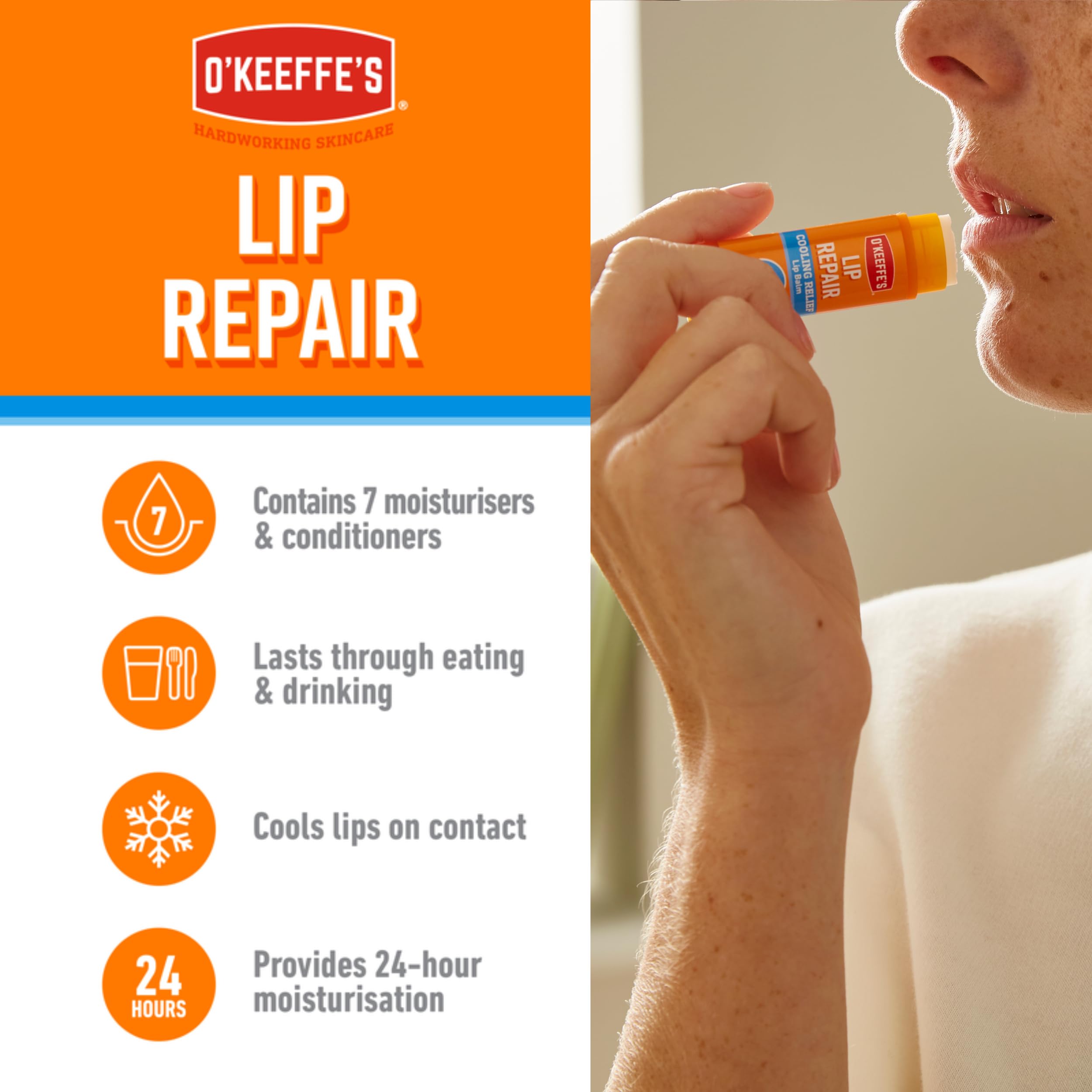 O'Keeffe's Lip Repair Original lip balm tube being applied to lips