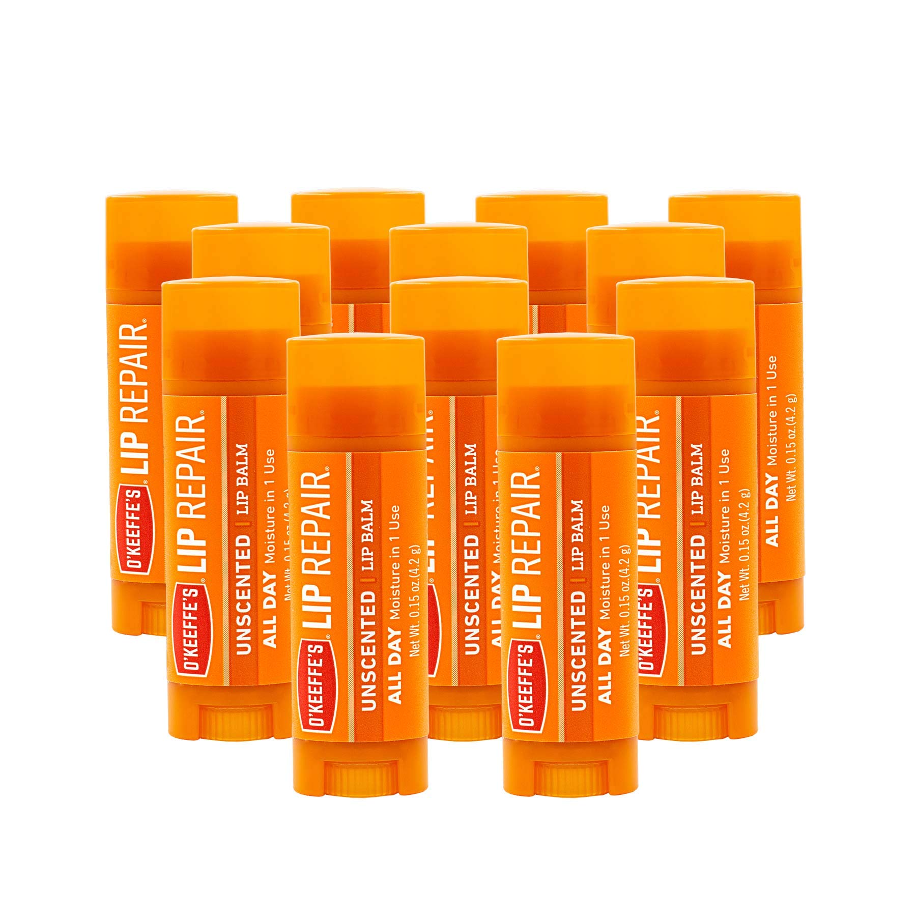 O'Keeffe's Unscented Lip Repair stick close-up showing creamy texture for quick relief.