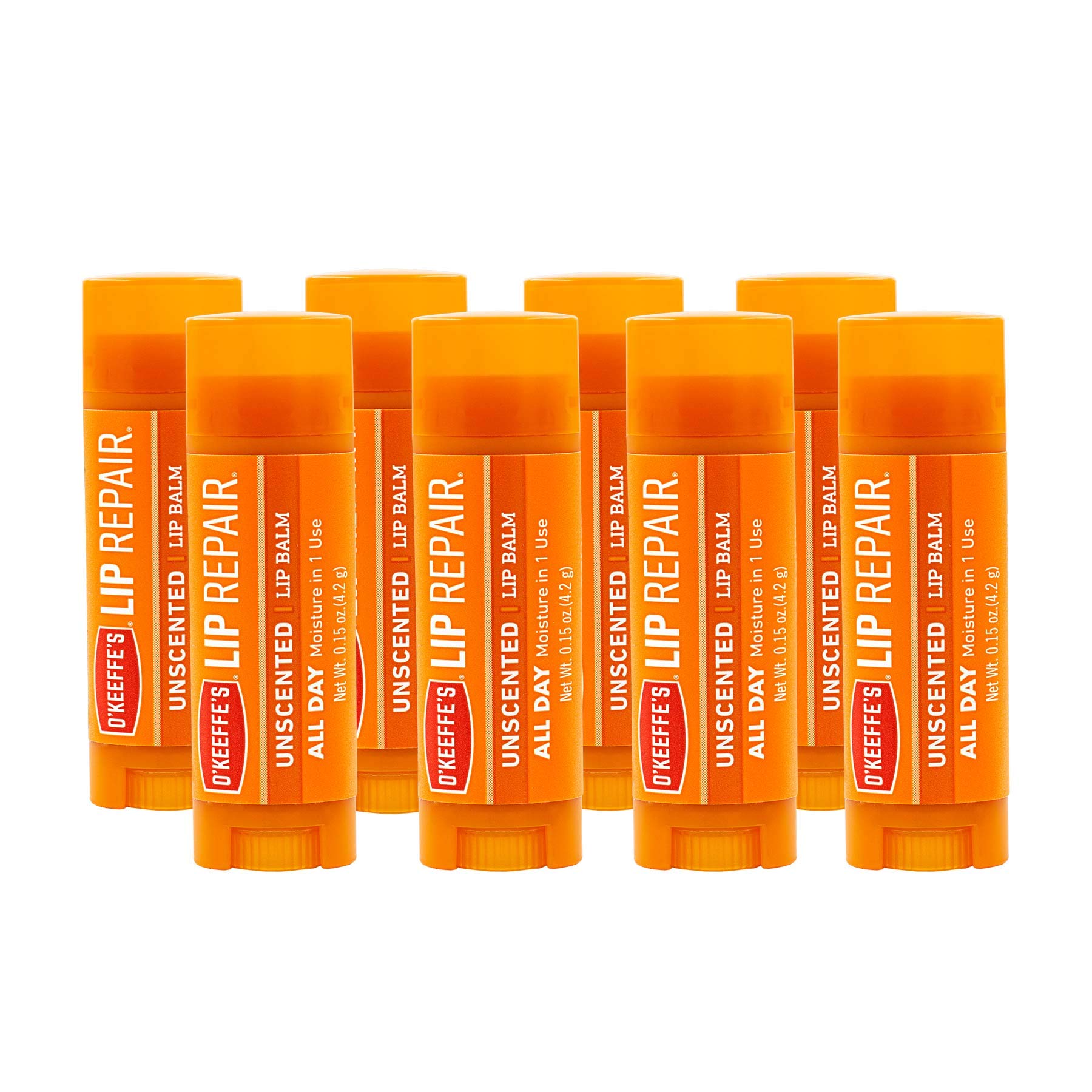 O'Keeffe's Unscented Lip Repair pack eight sticks for all-day moisture.