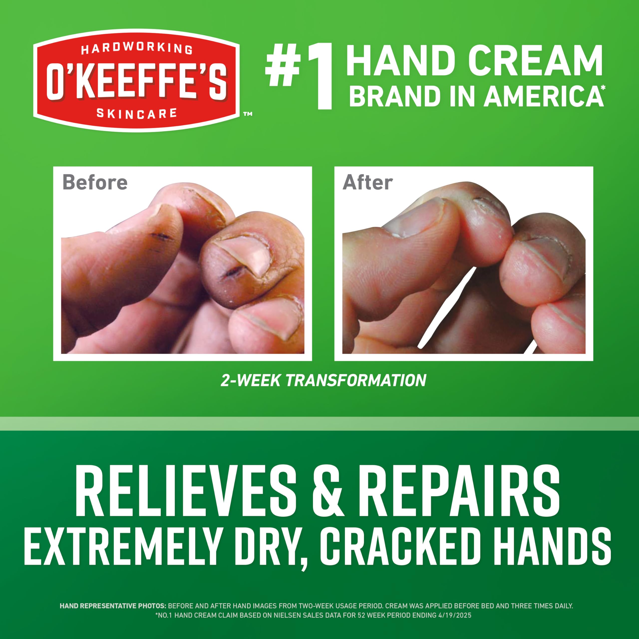 O'Keeffe's Working Hands jar in hand demonstrates convenient value-size packaging for home use.