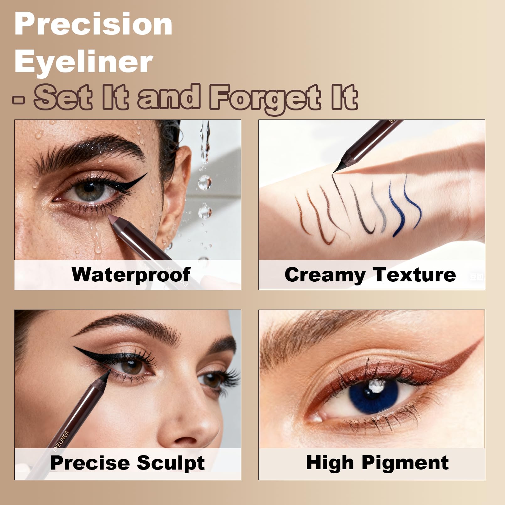 Vitamin E and Camellia Extract in Okerker eyeliner shown during use for gentle care.