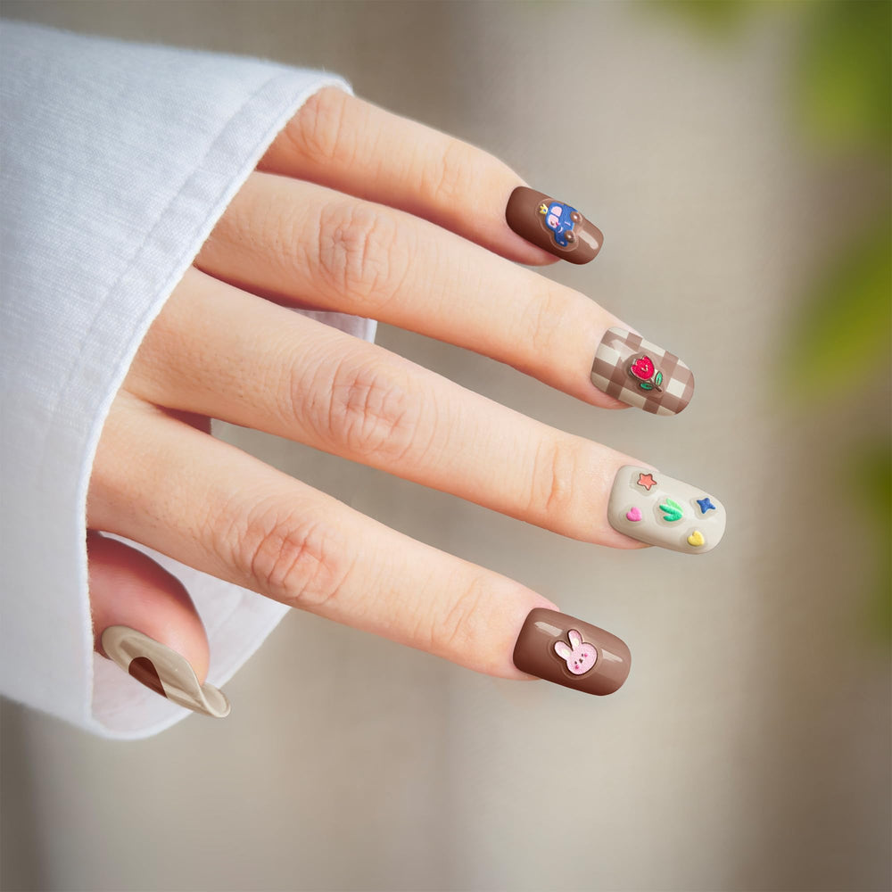 okiYomi 3D nail stickers featuring elephants and toy cars for playful, eye-catching nail art