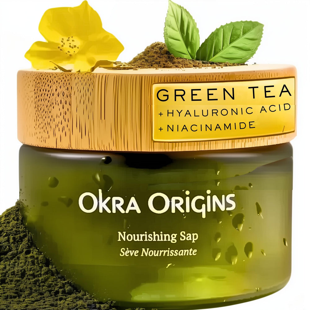 Okra Origins 10x Antioxidant Serum bottle close-up shows hydration-focused formula for daily use