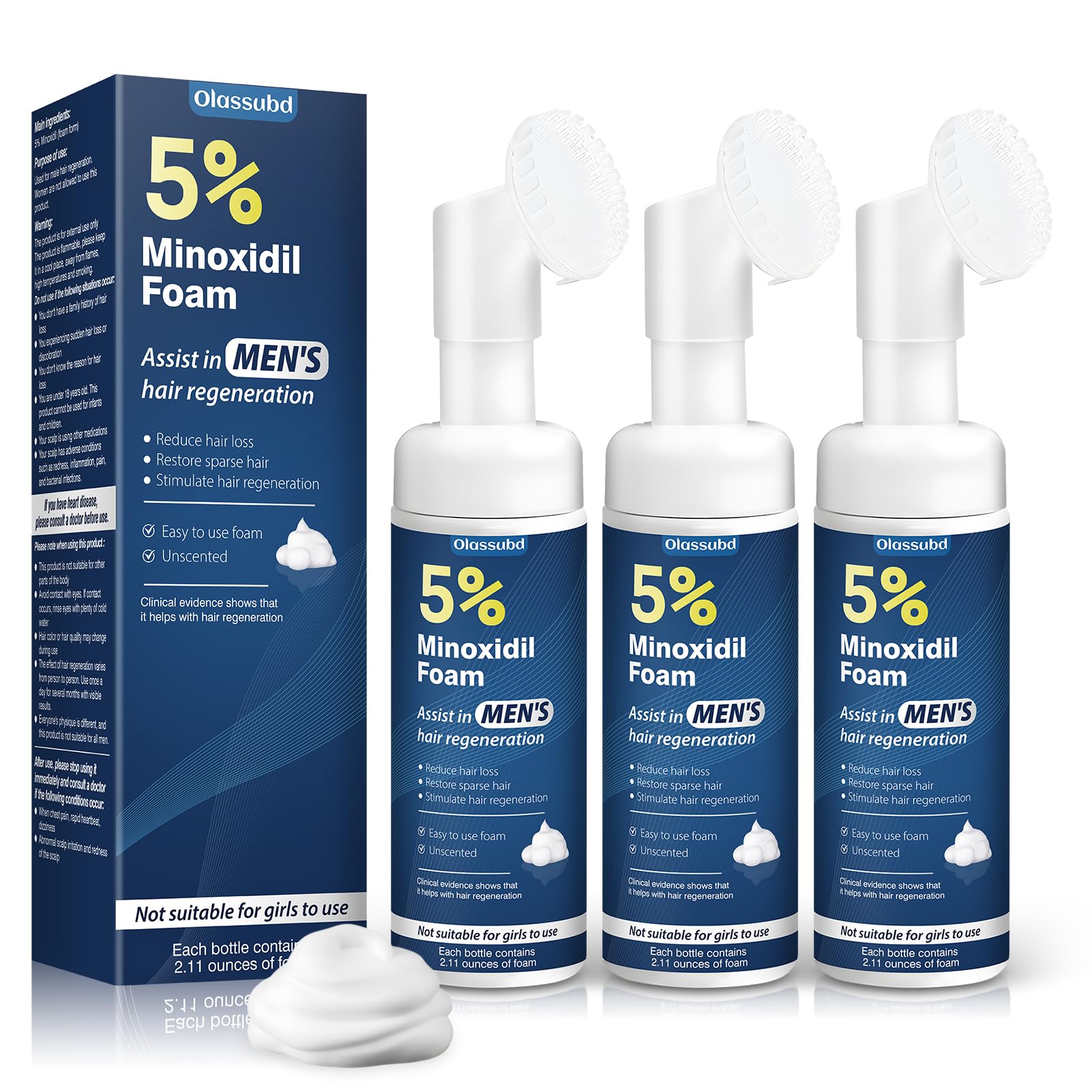 Olassubd Minoxidil 5% foam bottle demonstrates scalp care for thinning hair.