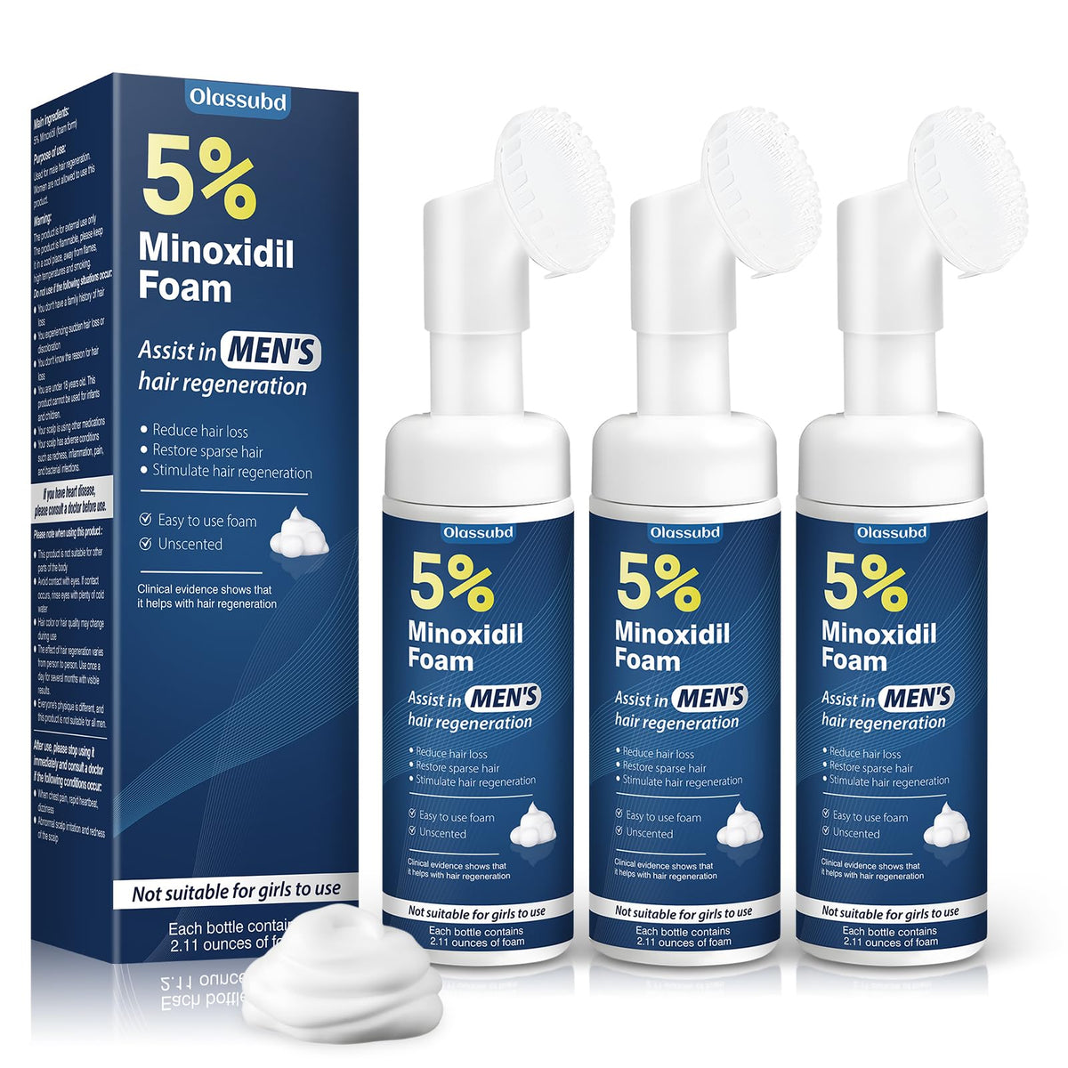 Olassubd Minoxidil 5% foam bottle demonstrates scalp care for thinning hair.