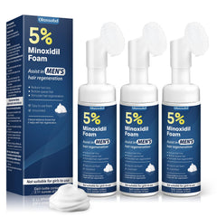 Olassubd Minoxidil 5% foam bottle demonstrates scalp care for thinning hair.