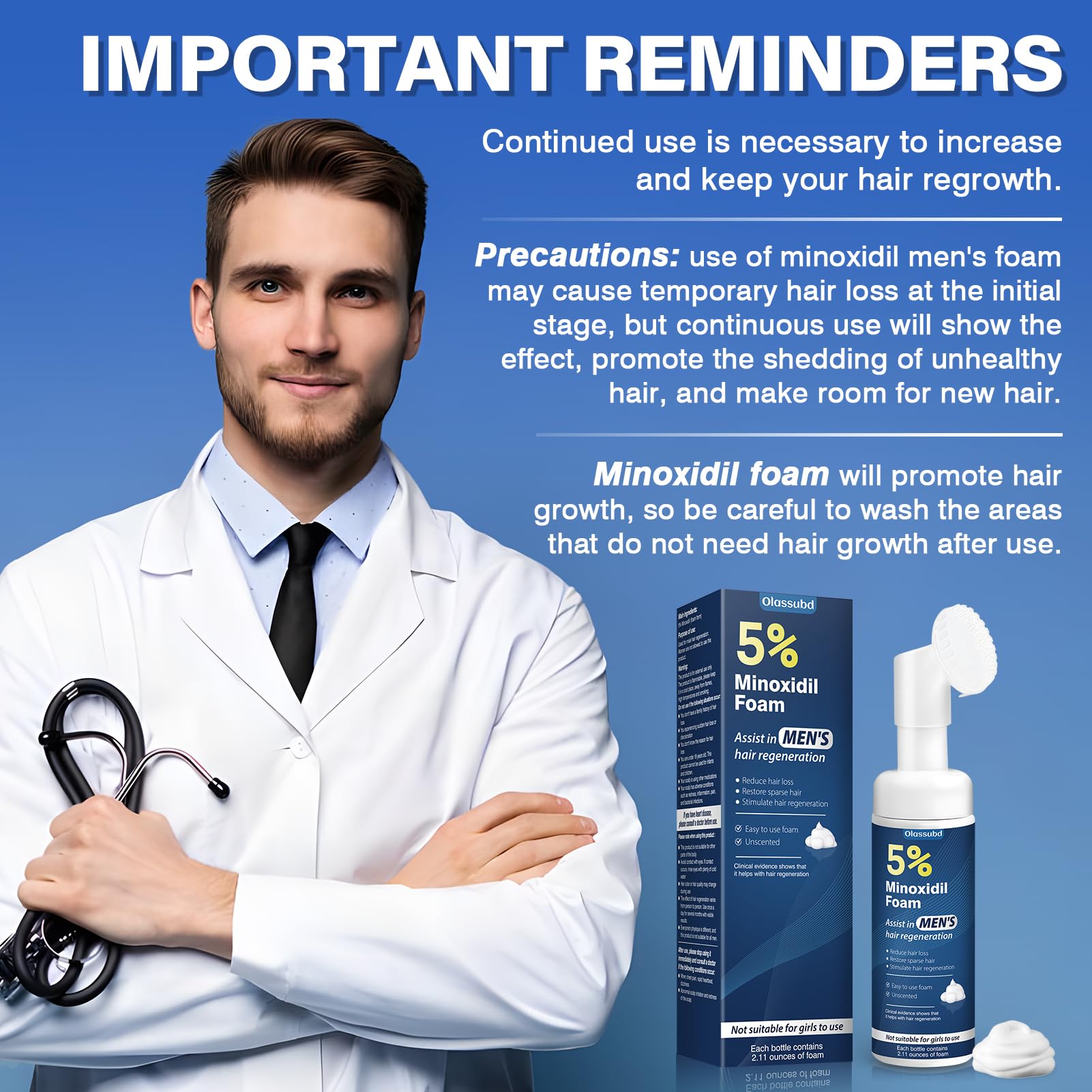 Olassubd Minoxidil foam application helps target thinning areas.