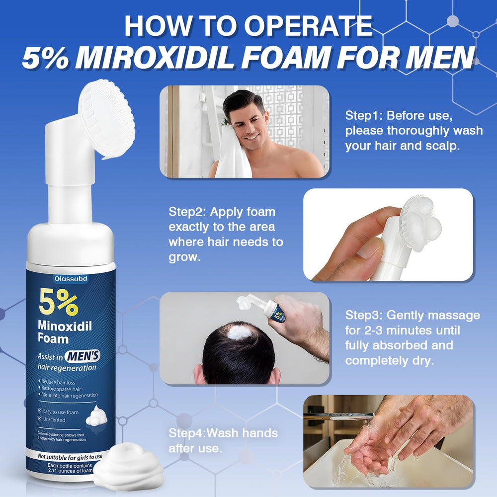 Olassubd Minoxidil foam on scalp illustrates routine-friendly application.