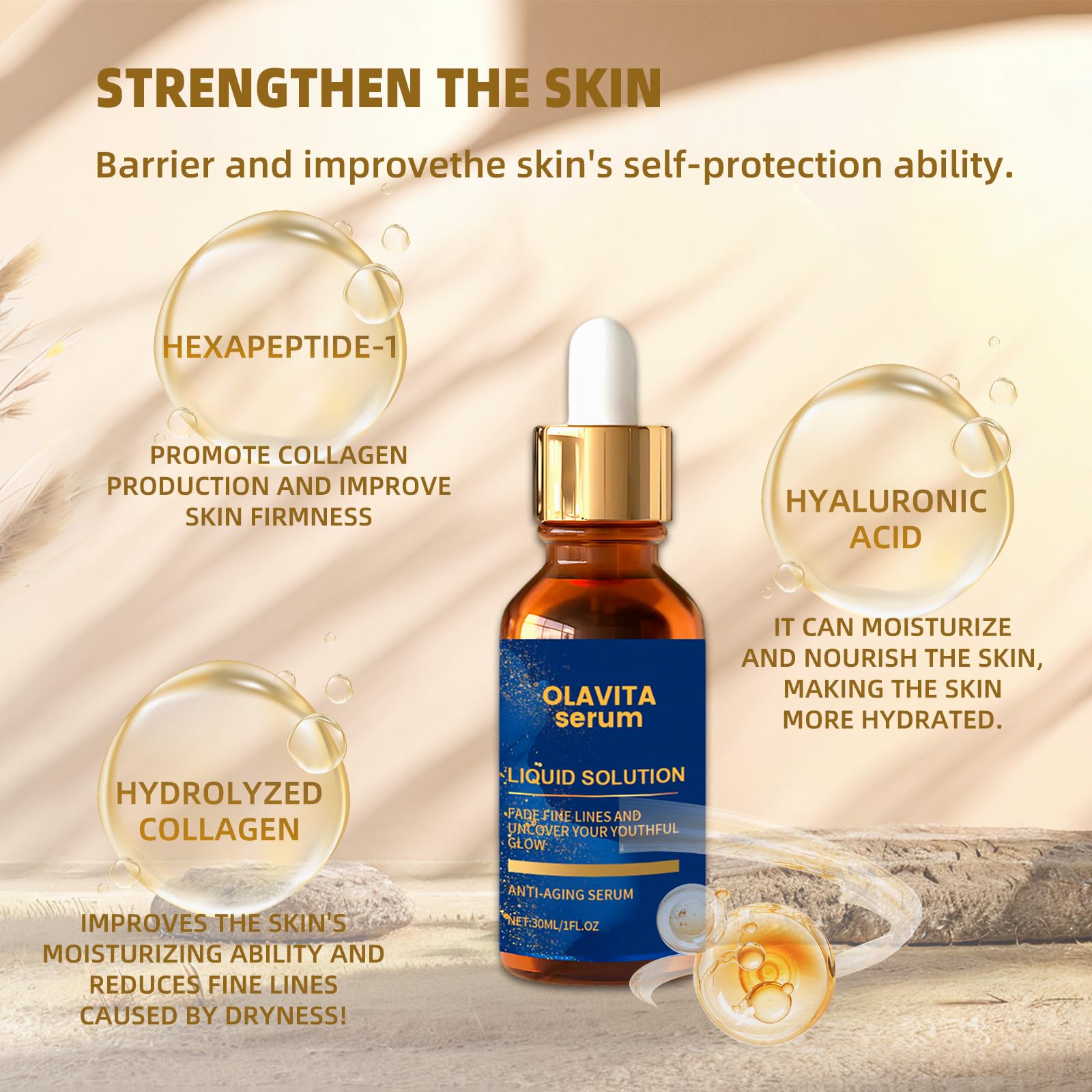 Olavita Serum liquid texture on skin suggests lightweight hydration and absorption.