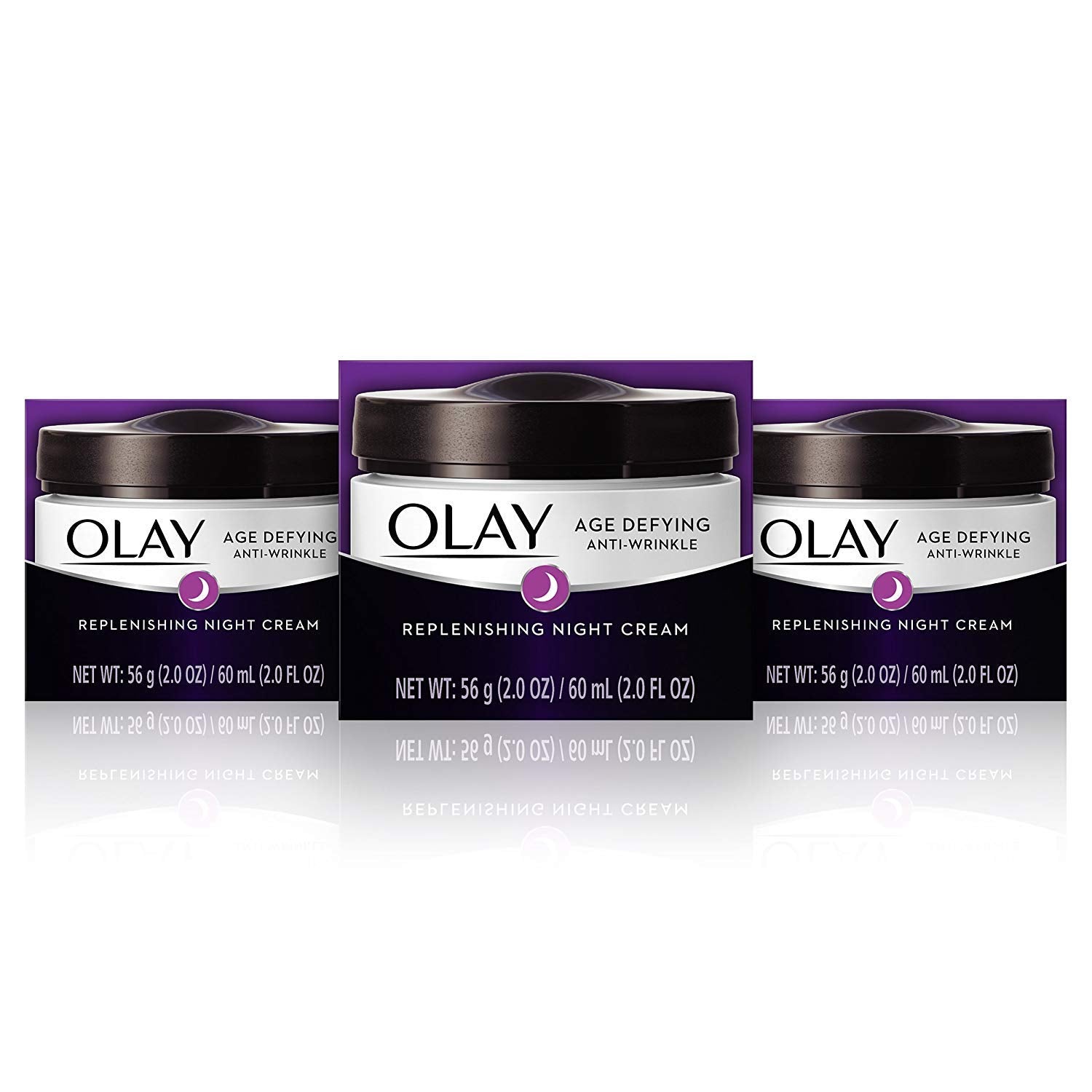 Olay Age Defying Night Cream bottle pump showing hydrated skin by morning