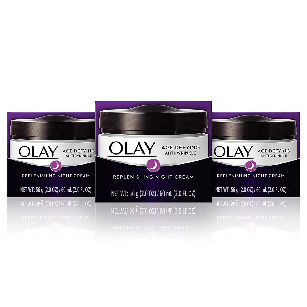 Olay Age Defying Night Cream bottle pump showing hydrated skin by morning