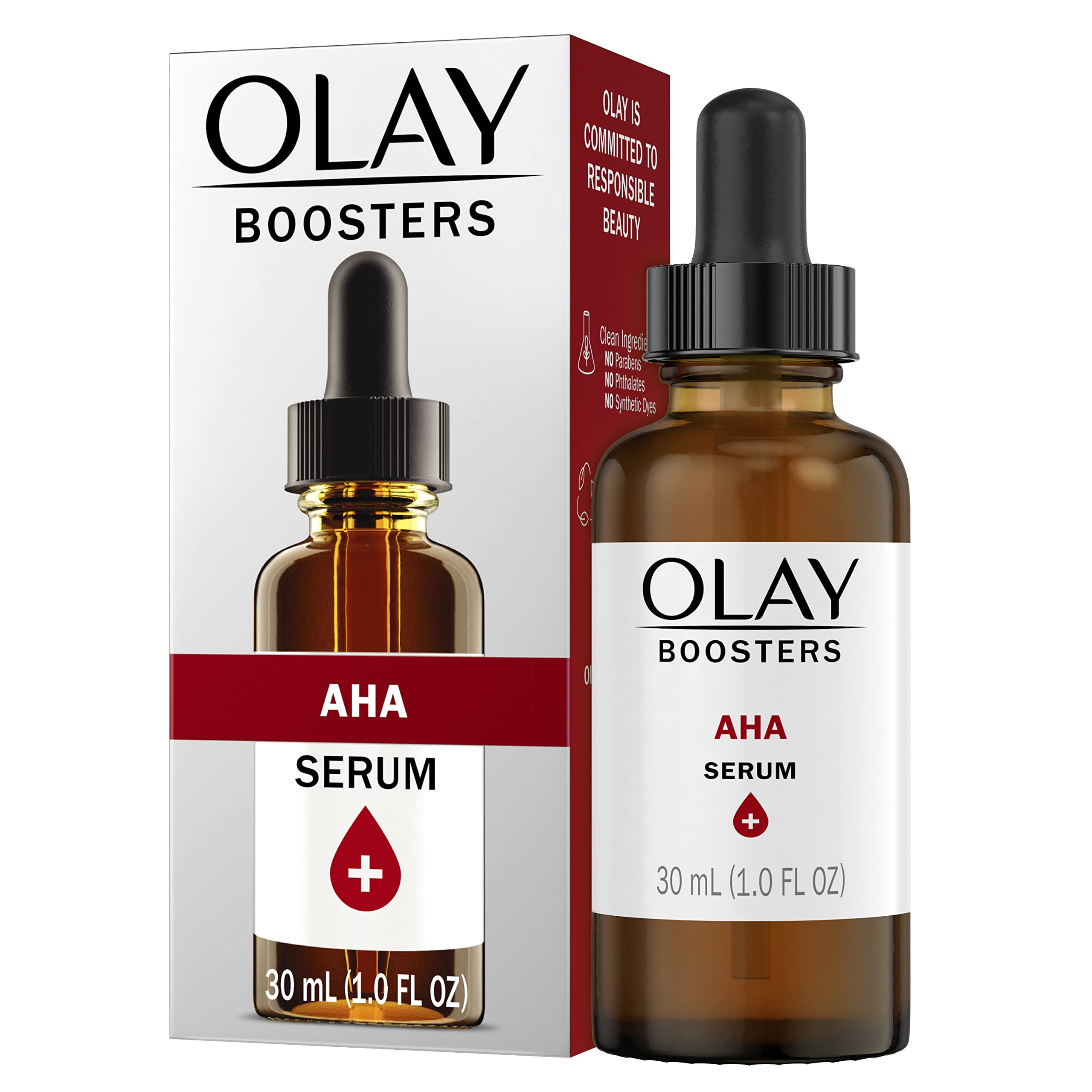 Olay AHA Serum bottle showcasing brightening booster for even skin tone and gentle exfoliation.