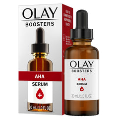 Olay AHA Serum bottle showcasing brightening booster for even skin tone and gentle exfoliation.
