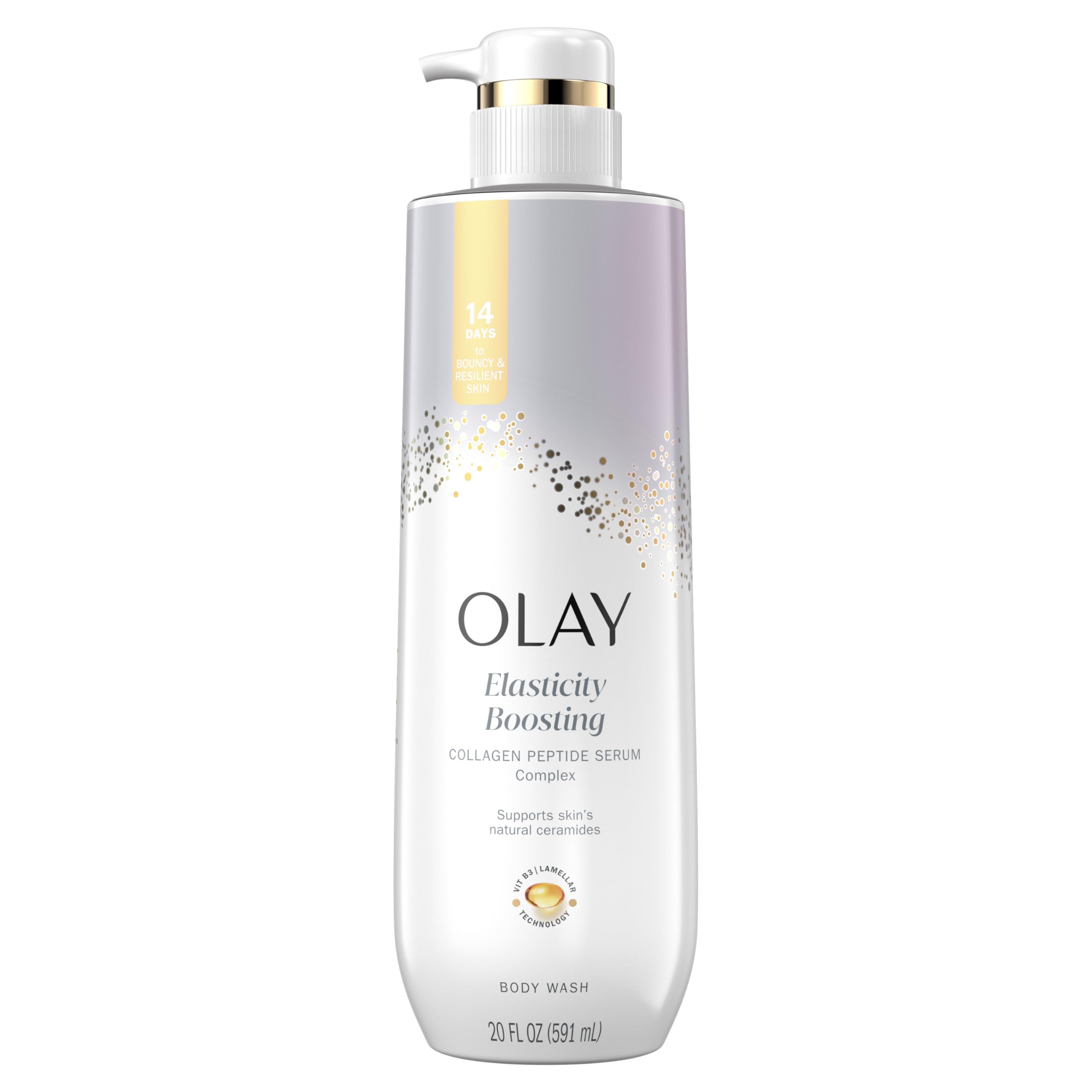 Olay Body Wash bottle highlights elasticity formula for firmer-looking skin.