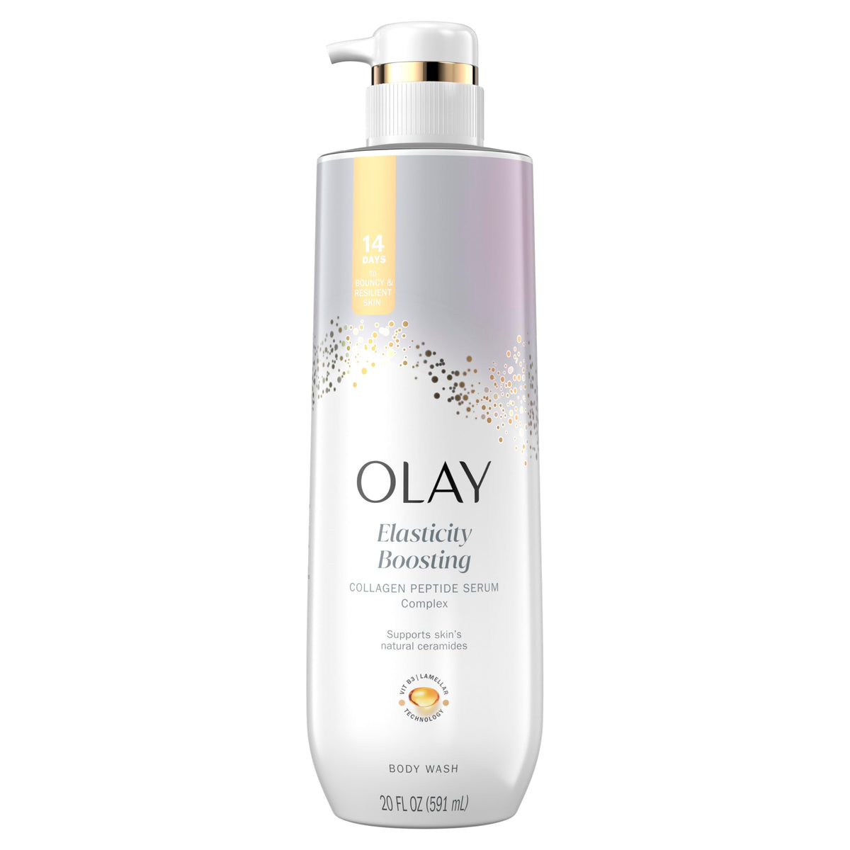 Olay Body Wash bottle highlights elasticity formula for firmer-looking skin.