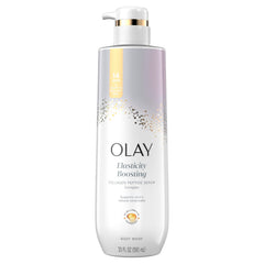 Olay Body Wash bottle highlights elasticity formula for firmer-looking skin.