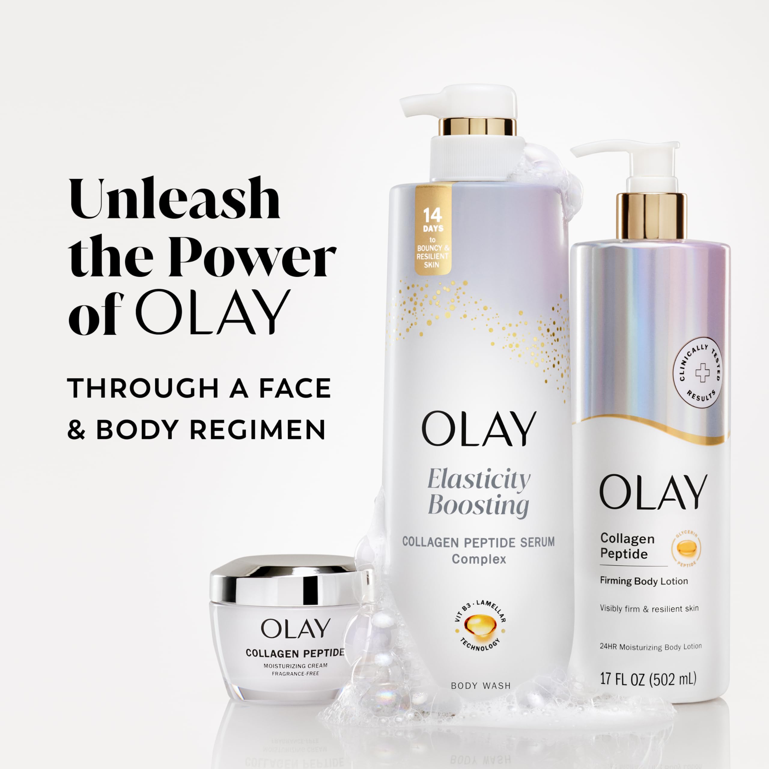 Olay Body Wash pump-bottle close-up with convenient dispensing.