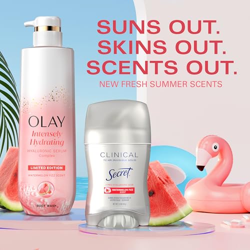 Olay bottle resting on a clean bathroom shelf.