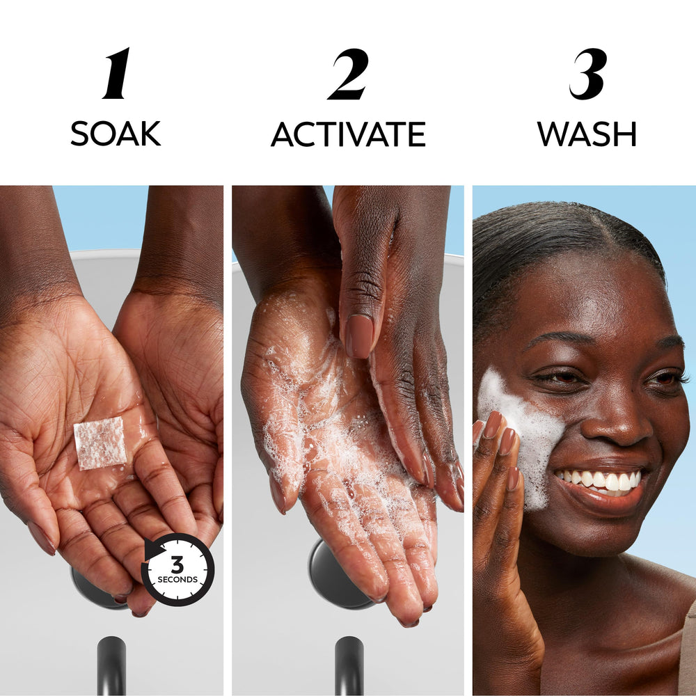 Close-up of Olay Cleansing Melts transforming into foam on skin.