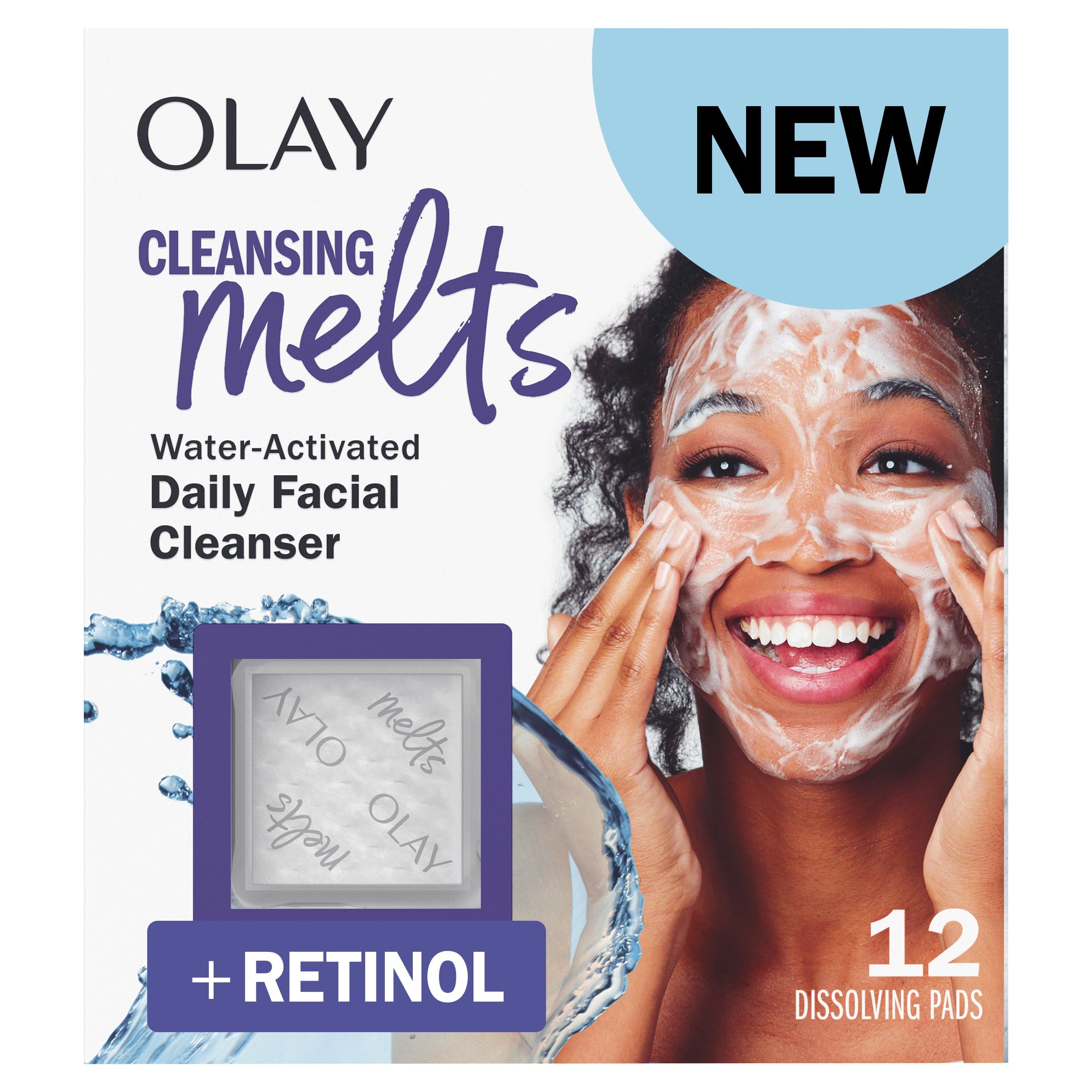 Olay Cleansing Melts pad dissolving in warm water to start a gentle cleanse.