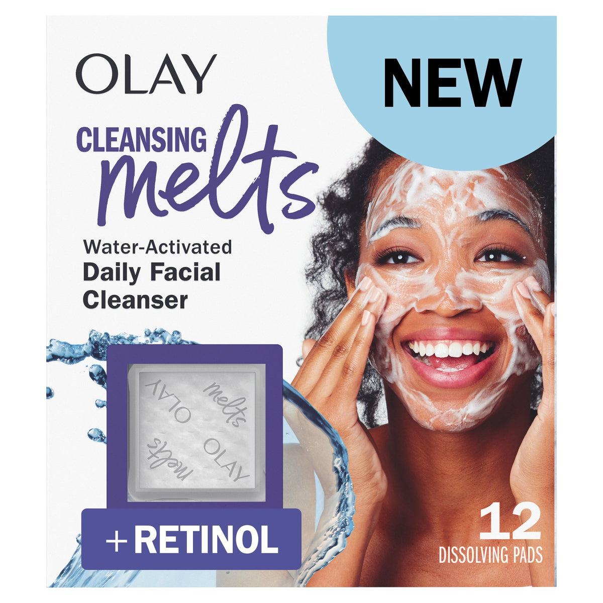 Olay Cleansing Melts pad dissolving in warm water to start a gentle cleanse.