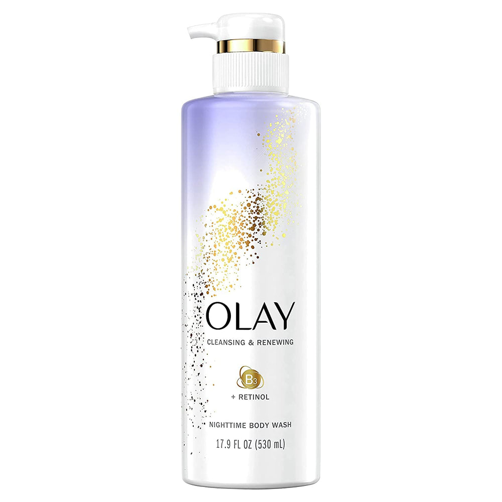Olay cleansing & renewing nighttime body wash bottles in a three-pack for overnight hydration.