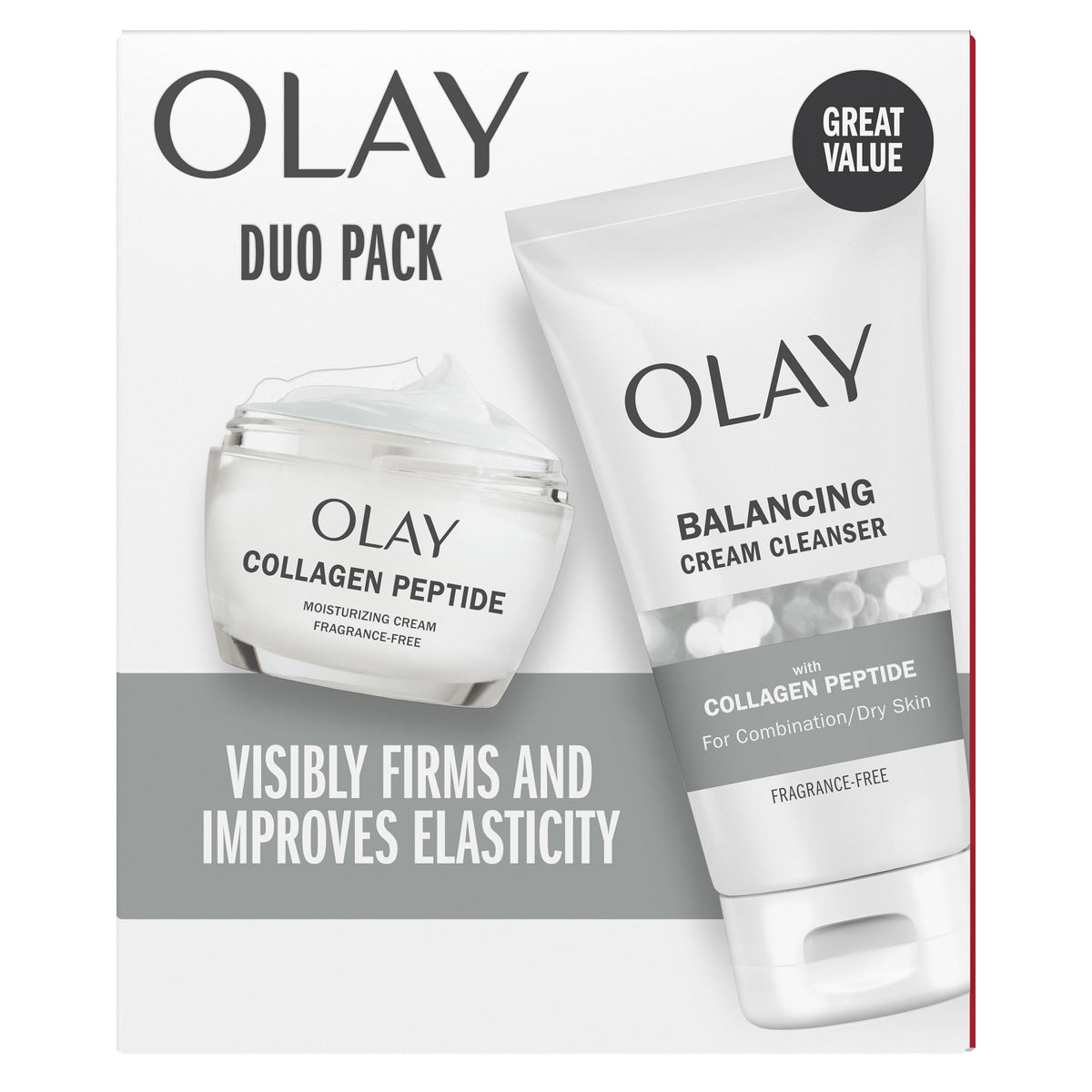 OLAY Collagen Peptide Duo Pack: moisturizer and cleanser for hydrated, radiant skin daily.