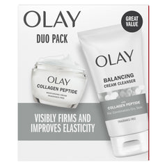OLAY Collagen Peptide Duo Pack: moisturizer and cleanser for hydrated, radiant skin daily.