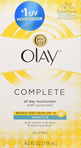 OLAY Complete All Day Moisturizer SPF 15 close-up shows a light, non-greasy texture.