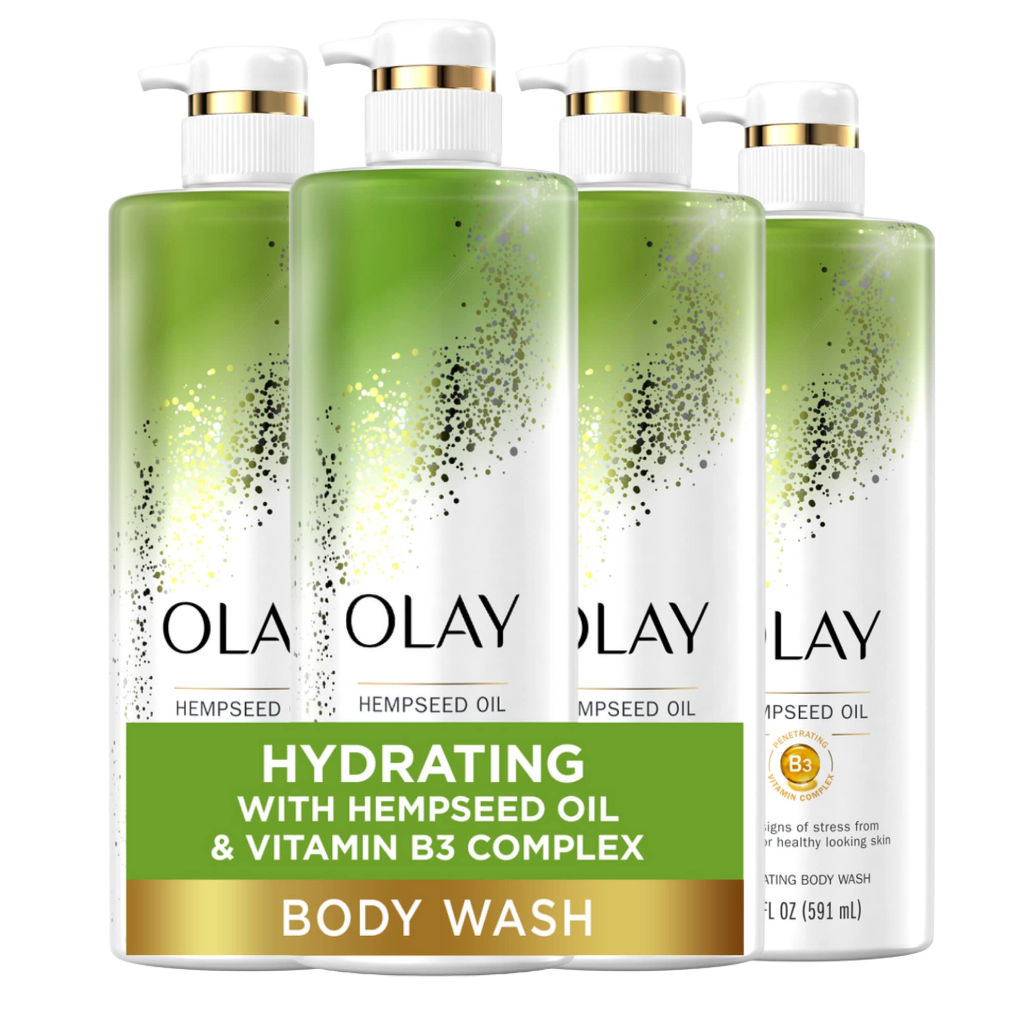 Olay Hydrating Body Wash bottle with hempseed oil for daily moisturization.