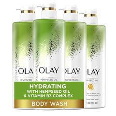 Olay Hydrating Body Wash bottle with hempseed oil for daily moisturization.
