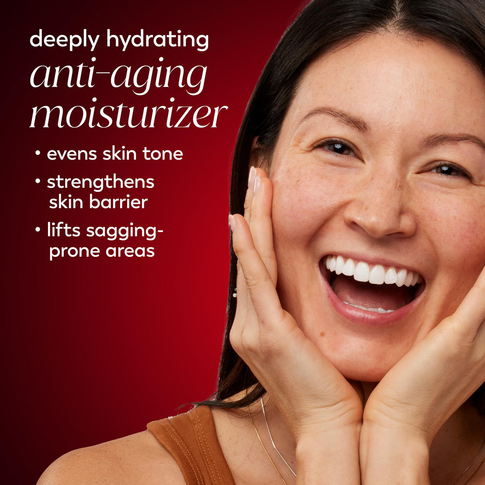 Olay Niacinamide + Peptide 24 cream swirl texture shows light, non-greasy finish.