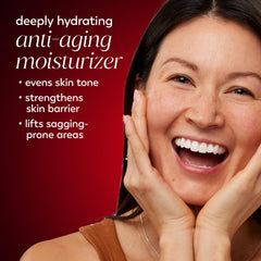 Olay Niacinamide + Peptide 24 cream swirl texture shows light, non-greasy finish.