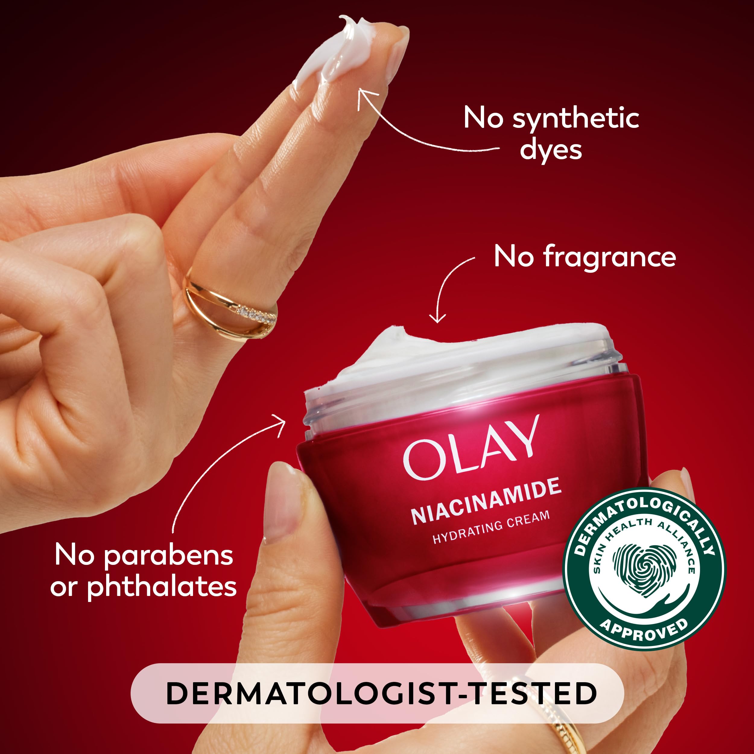 Olay Niacinamide + Peptide 24 label detail emphasizes clean ingredients.