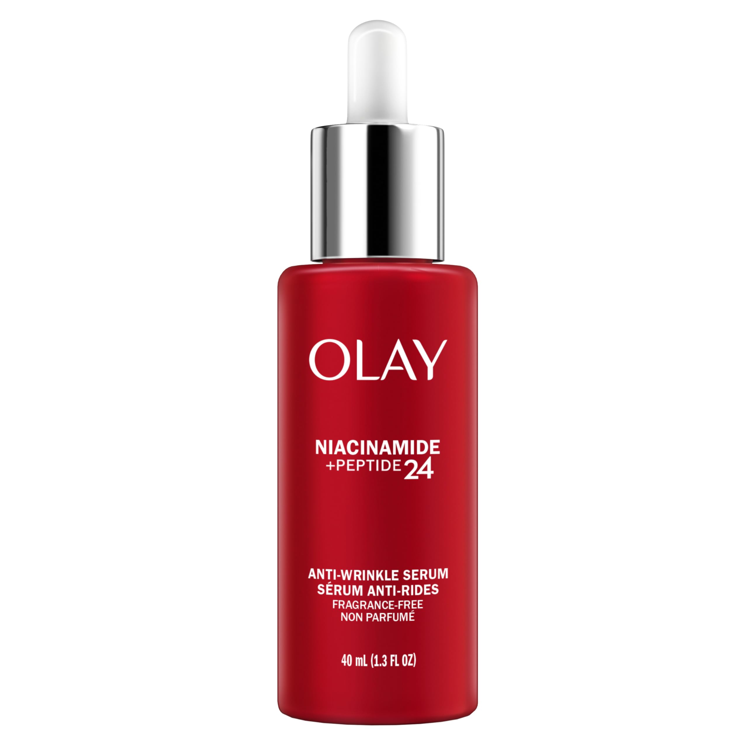 Olay Niacinamide + Peptide 24 serum bottle close-up with fragrance-free formula