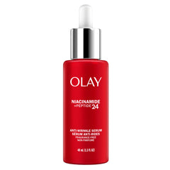 Olay Niacinamide + Peptide 24 serum bottle close-up with fragrance-free formula